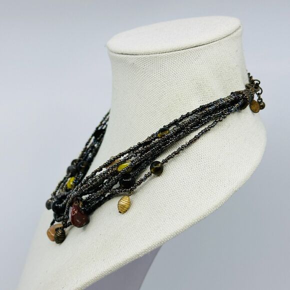 Chicos Necklace Gray Black Layered Multi Strand Fringe Charm Beaded Jewelry - Picture 5 of 8